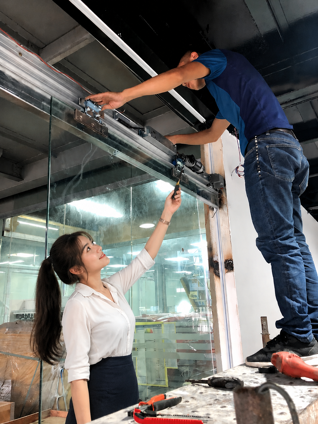 Kỹ thuật viên lắp đặt cửa kính trượt tự động tại văn phòng, khách hàng đứng cạnh kiểm tra sản phẩm